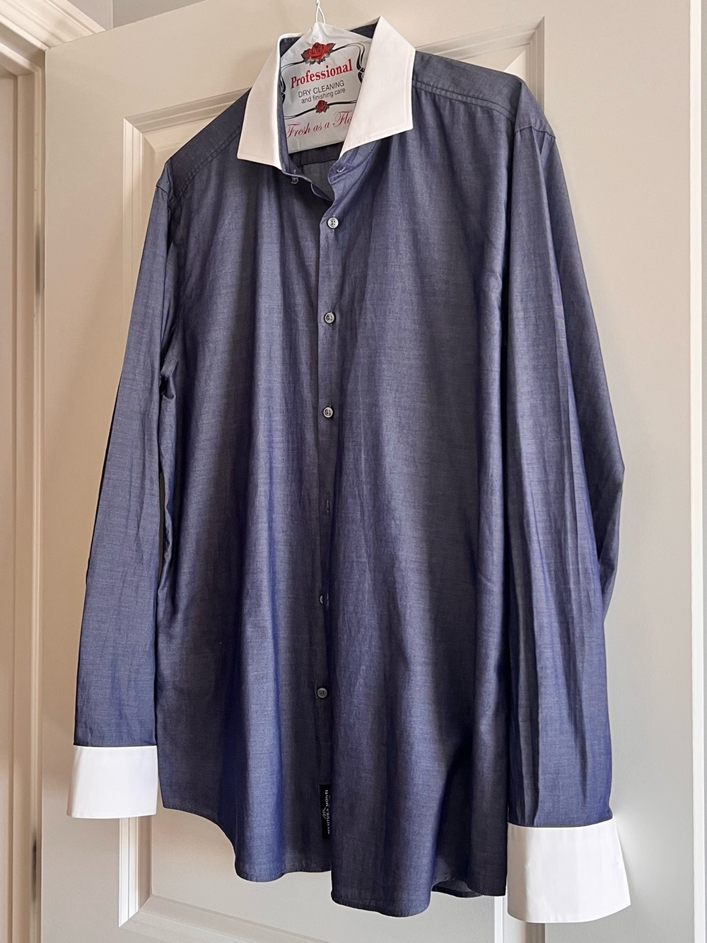 Boss Navy Dress Shirt with White Contrast Collar and Cuffs 17 n just dry cleaned